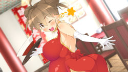 Rule 34 | 1girl, ;o, ahoge, armpits, ass, bare shoulders, blush, bowl, breasts, brown eyes, brown hair, chair, china dress, chinese clothes, double bun, dress, elbow gloves, female focus, from behind, gloves, hair between eyes, hair bun, hand up, happy, highres, holding, holding tray, huge breasts, indoors, looking at viewer, makarou, matching hair/eyes, nose blush, one eye closed, open mouth, pregnant, red dress, restaurant, smile, solo, standing, star (symbol), table, taneshima popura, tray, twisted torso, waitress, wink, working!!