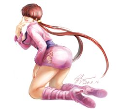 Rule 34 | 1girl, ass, boots, breasts, brown hair, cropped jacket, dated, earrings, eykihan, full body, hair over eyes, jewelry, knee boots, kneeling, legs, lips, lipstick, long hair, makeup, miniskirt, ponytail, red hair, shermie (kof), signature, simple background, skirt, snk, solo, split ponytail, the king of fighters, white background