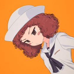 Rule 34 | 10s, 1girl, akagi (fmttps), blouse, blue neckerchief, blush stickers, closed mouth, commentary, curly hair, dixie cup hat, frown, girls und panzer, hat, long sleeves, looking to the side, military hat, neckerchief, ooarai naval school uniform, orange background, red eyes, red hair, rum (girls und panzer), sailor, sailor collar, school uniform, shirt, short hair, solo, standing, upper body, white hat, white shirt