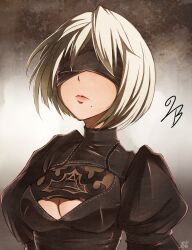 Rule 34 | 1girl, 2b (nier:automata), artist name, black blindfold, black dress, blindfold, breasts, character name, cleavage, cleavage cutout, closed mouth, clothing cutout, commentary, covered eyes, dress, gradient background, grey background, highres, juliet sleeves, kazetuki, lips, long sleeves, medium breasts, mole, mole under mouth, nier:automata, nier (series), puffy sleeves, short hair, signature, simple background, solo, third-party source, turtleneck, upper body, white hair