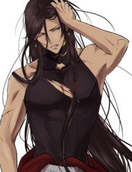 Rule 34 | 10s, 1boy, armpits, bad id, bad pixiv id, biceps, bishounen, black hair, blood, blue eyes, braid, clenched teeth, cuts, earrings, gold trim, hand in own hair, highres, injury, izumi-no-kami kanesada, japanese clothes, jewelry, kyoujixxxx, long hair, looking to the side, male focus, sleeveless, solo, teeth, torn clothes, touken ranbu, upper body, very long hair, white background