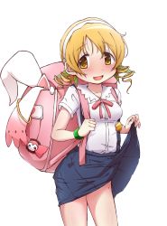 Rule 34 | 1girl, aged down, backpack, bag, blonde hair, bracelet, clothes lift, cosplay, cowboy shot, drill hair, hachikuji mayoi, hachikuji mayoi (cosplay), hairband, highres, jewelry, kyubey, mahou shoujo madoka magica, mahou shoujo madoka magica (anime), monogatari (series), open mouth, school uniform, skirt, skirt lift, standing, suspender skirt, suspenders, tomoe mami, twin drills, white background, white hairband, yanmaami, yellow eyes