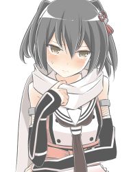 Rule 34 | 10s, 1girl, bad id, bad nicoseiga id, bare shoulders, black hair, blush, brown eyes, brown neckerchief, buttons, commentary request, elbow gloves, fingerless gloves, gloves, hair ornament, kantai collection, looking at viewer, masupa kiriu, neckerchief, night battle idiot, scarf, school uniform, sendai (kancolle), sendai kai ni (kancolle), serafuku, simple background, sleeveless, solo, two side up, white background, white scarf