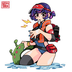 1girl absurdres artist_name blue_nails bottle commentary covered_navel cross english_commentary hat highres juno_(overwatch) lifebuoy multicolored_hair nekitoron one-piece_swimsuit overwatch overwatch_2 partially_submerged purple_eyes simple_background sun_hat swim_ring swimsuit water_bottle whistle white_background