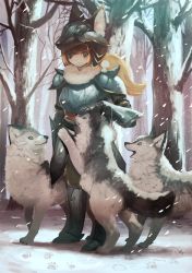 Rule 34 | 1girl, animal helmet, armor, artist name, bad id, bad pixiv id, bare tree, blonde hair, breastplate, brown eyes, commentary request, day, faulds, forest, full body, fur collar, gauntlets, greaves, hair blowing, helmet, highres, light smile, long hair, looking at viewer, manino (mofuritaionaka), nature, original, outdoors, paw print, headpat, ponytail, shoulder armor, snow, snowing, solo, pauldrons, standing, tree, vambraces, wind, wolf