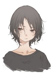 Rule 34 | 1girl, black hair, black shirt, blouse, closed mouth, collarbone, eyes visible through hair, frown, grey background, grey hair, hatching (texture), mogumo, original, shirt, short hair, simple background, solo, upper body