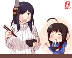 Rule 34 | 2girls, ahoge, alternate costume, artist logo, black hair, blue hoodie, blush, bow, bowl, braid, brown hair, chopsticks, commentary request, dated, eating, closed eyes, food, hair bow, hair ornament, hair over shoulder, highres, holding, holding bowl, holding chopsticks, hood, hood down, hoodie, kanon (kurogane knights), kantai collection, long sleeves, looking at another, mochi, mochi trail, multiple girls, open mouth, red bow, red eyes, ribbed sweater, shigure (kancolle), short hair, single braid, smile, sweater, turtleneck, turtleneck sweater, wagashi, white sweater, yamashiro (kancolle), zouni soup
