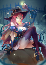 Rule 34 | 1girl, bewitching miss fortune, boots, breasts, candle, cat, cleavage, gun, halloween, hat, high heel boots, high heels, holding, holding candle, holding gun, holding weapon, jack-o&#039;-lantern, large breasts, league of legends, lipstick, long hair, looking at viewer, makeup, night, outdoors, pumpkin, miss fortune (league of legends), sitting, thighhighs, weapon, witch hat