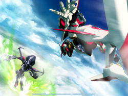 Rule 34 | 00s, battle, blue sky, claw (weapon), cloud, day, eureka seven, eureka seven (series), flying, green eyes, machinery, mecha, nirvash, no humans, outstretched arms, red eyes, robot, sky, theend, wallpaper, weapon