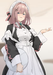 Rule 34 | 1girl, apron, black dress, blue eyes, blush, bow, breasts, brooch, brown hair, center frills, collared dress, dress, frills, hair between eyes, hair ornament, hairclip, hat, hat bow, highres, holding, holding tray, jewelry, long hair, long sleeves, looking at viewer, maid cap, medium breasts, mob cap, nijisanji, parted lips, pink bow, solo, striped, striped bow, suzuhara lulu, tray, uno ryoku, virtual youtuber, white apron, white hat, wide sleeves, x hair ornament
