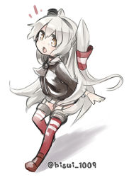 Rule 34 | 10s, 1girl, :o, amatsukaze (kancolle), dress, garter straps, grey hair, hair tubes, hat, hisui (kimochi), kantai collection, long hair, mini hat, sailor dress, short dress, solo, striped clothes, striped thighhighs, thighhighs, twitter username, two side up, very long hair, white background, yellow eyes, zettai ryouiki
