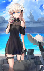 Rule 34 | 1girl, ahoge, assault rifle, bag, bare shoulders, black dress, blonde hair, blue eyes, blush, breasts, closed mouth, clothing cutout, commentary, dress, drinking, feet out of frame, flower, gun, hair flower, hair ornament, hairclip, handgun, hat, highres, holding, holding bag, holster, holstered, juice box, looking at viewer, machinery, magazine (weapon), morichika shuuto, original, pistol, rifle, short sleeves, shoulder cutout, small breasts, smile, solo, standing, straw hat, thigh strap, unworn hat, unworn headwear, weapon, white flower, white hat