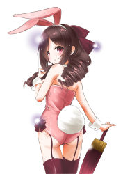 Rule 34 | 1girl, absurdres, animal ears, ass, bow, brown hair, closed umbrella, commentary request, cowboy shot, detached collar, drill hair, fake animal ears, from behind, garter straps, hair bow, harukaze (kancolle), highres, kantai collection, leotard, long hair, looking at viewer, looking back, oil-paper umbrella, one-hour drawing challenge, pink leotard, playboy bunny, rabbit ears, rabbit tail, red bow, red eyes, red neckwear, red umbrella, simple background, solo, strapless, strapless leotard, tail, taisinkoku, thighhighs, twin drills, umbrella, white background, wrist cuffs