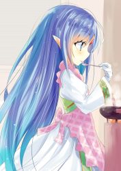Rule 34 | 1girl, apron, bandaged hand, bandages, blue eyes, blue hair, closed mouth, commentary request, cooking, dress, elf, fire, forehead jewel, from side, hair between eyes, highres, hizaka, holding, holding spoon, juliet sleeves, kalar (race), licking, long hair, long sleeves, pink apron, pointy ears, profile, puffy sleeves, rance (series), rance quest, reset kalar, smile, solo, spoon, standing, tongue, tongue out, unmoving pattern, very long hair, white dress, wide sleeves