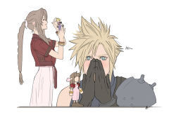 Rule 34 | 1boy, 1girl, aerith gainsborough, armor, ashley swidowski, blonde hair, blue eyes, blue shirt, blush, bracelet, braid, brown hair, chibi, closed eyes, cloud strife, cropped jacket, dress, english text, figure, final fantasy, final fantasy vii, final fantasy vii remake, gloves, hair ribbon, covering own mouth, jacket, jewelry, long dress, long hair, low poly, open mouth, own hands together, pink dress, red jacket, ribbon, shirt, shoulder armor, spiked hair, square enix, suspenders, turtleneck, wavy hair, white background