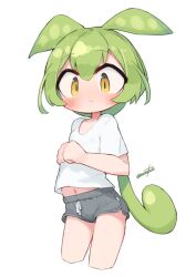 Rule 34 | 1girl, :&lt;, alternate costume, blush, breasts, clenched hands, closed mouth, collarbone, commentary request, cropped legs, dolphin shorts, green hair, grey shorts, hair between eyes, highres, long hair, looking at viewer, low ponytail, midriff peek, nanatsuta, navel, own hands together, ponytail, raised eyebrows, sanpaku, shirt, short shorts, shorts, small breasts, solo, sweat, twitter username, very long hair, voicevox, white background, white shirt, yellow eyes, zundamon