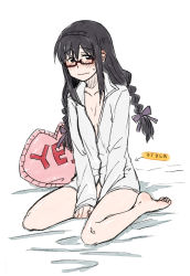 Rule 34 | 10s, 1girl, aftersex, akemi homura, barefoot, black hair, blush, bottomless, braid, glasses, mahou shoujo madoka magica, mahou shoujo madoka magica (anime), naked shirt, open clothes, open shirt, pillow, red-framed eyewear, shirt, solo, spoilers, torinone, twin braids, yes, yes-no pillow