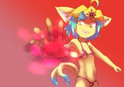 Rule 34 | blonde hair, blue hair, cat, flat chest, furry, seconds (2&#039;s), two-tone hair, yellow eyes