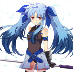 Rule 34 | 1girl, :&lt;, arm strap, armor, bad id, bad pixiv id, bare shoulders, belt, belt bra, belt skirt, blue hair, cowboy shot, fingerless gloves, flat chest, frown, gauntlets, gloves, hair ribbon, halterneck, holding, holding weapon, leotard, long hair, looking at viewer, lyrical nanoha, mahou shoujo lyrical nanoha, mahou shoujo lyrical nanoha a&#039;s, mahou shoujo lyrical nanoha a&#039;s portable: the battle of aces, masui, levi the slasher, miniskirt, multicolored hair, parted bangs, pleated skirt, polearm, red eyes, ribbon, showgirl skirt, sidelocks, simple background, skirt, solo, thighhighs, turtleneck, twintails, two-tone hair, very long hair, vulnificus, weapon, white background