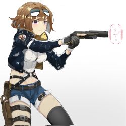 Rule 34 | 1girl, aiming, belt, blush, breasts, brown hair, colored inner hair, commentary, commission, corrupted twitter file, english commentary, eyewear on head, fur-trimmed jacket, fur trim, gamryous, girls&#039; frontline, gloves, grizzly mkv (girls&#039; frontline), gun, highres, holster, jacket, large breasts, multicolored hair, partially fingerless gloves, purple eyes, short hair, shorts, smart pistol, solo, sunglasses, thigh holster, titanfall (series), titanfall 2, trigger discipline, weapon, zipper