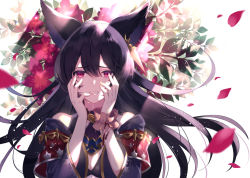 Rule 34 | animal ears, black hair, breasts, cleavage, crying, crying with eyes open, eyebrows, flower, granblue fantasy, hair ornament, hands on own face, long hair, looking at viewer, nier (granblue fantasy), open mouth, peki gbf, red eyes, solo, tears