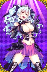 Rule 34 | 1girl, argyle, argyle background, argyle clothes, bare shoulders, belt, black gloves, black panties, blue hair, boots, bow, braid, breasts, bustier, cowboy shot, cross-laced footwear, dominatrix, drill hair, elbow gloves, giuniu, gloves, hair bow, halterneck, highres, lace-up boots, large breasts, light blue hair, long hair, looking at viewer, navel, official art, open mouth, panties, pink skirt, queen mary (uchihime), revealing clothes, riding crop, seductive smile, see-through, skirt, smile, solo, thigh boots, thighhighs, tiara, uchi no hime-sama ga ichiban kawaii, underbust, underwear, yellow eyes