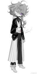 Rule 34 | 1other, absurdres, black pants, black shirt, colored skin, commission, cross, eyepatch, full body, grey hair, highres, holding, holding cross, medical eyepatch, meyou 0319, original, pants, priest, purple eyes, shirt, solo, standing, white footwear, white skin