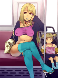 Rule 34 | 2girls, age difference, bag, blonde hair, blue thighhighs, breasts, child, covered erect nipples, crossed legs, cutoffs, feet, flat chest, ganguro, gyaru, hair ribbon, handbag, high heels, jewelry, large breasts, lipstick, long hair, looking at viewer, makeup, mature female, mizuryu kei, mother and daughter, multiple girls, necklace, nipples, no bra, open mouth, open shoes, original, prostitution, ribbon, shoe dangle, shoes, short hair, sitting, size difference, stroller, subway, thighhighs, train, train interior, twintails, yellow eyes