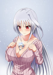 Rule 34 | 00s, 2girls, between breasts, blush, breasts, cleavage, closed eyes, collarbone, hair ornament, inoshira, large breasts, long hair, long sleeves, lyrical nanoha, mahou shoujo lyrical nanoha, mahou shoujo lyrical nanoha a&#039;s, mahou shoujo lyrical nanoha strikers, mini person, minigirl, multiple girls, person between breasts, red eyes, reinforce, reinforce zwei, ribbed sweater, silver hair, single hair intake, smile, snowing, sweatdrop, sweater, v-neck