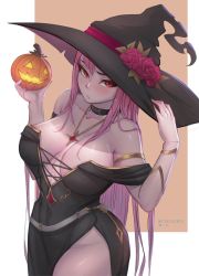 Rule 34 | 1girl, artist name, black dress, breasts, cleavage, dress, flower, halloween, hat, hat flower, highres, hololive, hololive english, jack-o&#039;-lantern, large breasts, long dress, mori calliope, myth1carts, pumpkin, red eyes, red flower, thick thighs, thighs, twitter logo, twitter username, virtual youtuber, witch, witch hat
