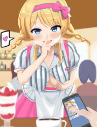 Rule 34 | 1girl, artist request, blonde hair, blue eyes, blush, breasts, cellphone, exhibitionism, hachimiya meguru, highres, idolmaster, idolmaster shiny colors, long hair, looking at viewer, open mouth, phone, pov, public indecency