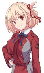 Rule 34 | 1girl, bad id, bad twitter id, blonde hair, blue ribbon, clenched teeth, hair ribbon, hand on own hip, hazuki haru, highres, long sleeves, looking at viewer, lycoris recoil, neck ribbon, nishikigi chisato, red eyes, ribbon, short hair, simple background, smile, solo, teeth, uniform, white background