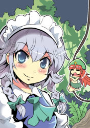 Rule 34 | 2girls, ascot, blue eyes, blush stickers, bow, braid, circle cut, colonel aki, crop top, hair between eyes, hair bow, hat, hong meiling, izayoi sakuya, jungle, long hair, looking at viewer, maid, maid headdress, multiple girls, nature, navel, open mouth, plant, red hair, silver hair, skirt, smile, star (symbol), swinging, touhou, tree, twin braids, vines