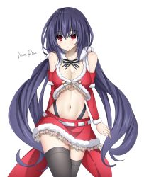 Rule 34 | 1girl, absurdres, akane rose, bare shoulders, black hair, black thighhighs, bow, bowtie, breasts, choujigen game neptune, christmas, cleavage, commission, cowboy shot, crop top, detached sleeves, frilled skirt, frills, fur trim, highleg, highres, long hair, long sleeves, looking at viewer, low twintails, medium breasts, midriff, miniskirt, navel, neptune (series), noire (neptunia), red eyes, red shirt, red skirt, revealing clothes, shirt, skirt, smile, solo, standing, stomach, thighhighs, thighs, twintails, very long hair, white background, zettai ryouiki