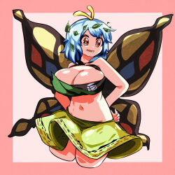 Rule 34 | 1girl, antennae, arms behind back, black tube top, breasts, brown eyes, brown wings, butterfly wings, cleavage, commentary request, cowboy shot, crop top, eternity larva, green skirt, highres, insect wings, large breasts, leaf, leaf on head, looking at viewer, medium hair, navel, open mouth, pink background, rinyamame, skirt, smile, solo, strapless, touhou, tube top, two-tone background, wings