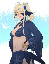 Rule 34 | 1girl, artist name, au ra, bikini, black bikini, blonde hair, breasts, commission, dragon horns, dragon tail, final fantasy, final fantasy xiv, flower, hair flower, hair ornament, hands on own hips, highres, horns, jewelry, koyorin, large breasts, long hair, looking at viewer, open clothes, open shirt, pendant, ponytail, sarong, scales, smile, solo, swimsuit, tail, warrior of light (ff14), yellow eyes