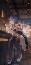Rule 34 | 1girl, absurdres, bar (place), bare shoulders, black legwear, blue hair, bow, chair, drink, ganyu (genshin impact), genshin impact, glass, high heels, highres, horns, indoors, long hair, looking to the side, maid, parted lips, purple eyes, sitting, solo, swkl:d, very long hair