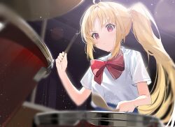 Rule 34 | 1girl, ahoge, aroa (aroamoyasi), blonde hair, blue skirt, blush, bocchi the rock!, bow, bowtie, breasts, closed mouth, collared shirt, commentary request, drum, drumsticks, hair between eyes, hands up, ijichi nijika, indoors, instrument, light, long hair, looking to the side, medium breasts, music, playing instrument, ponytail, red bow, red bowtie, red eyes, shirt, short sleeves, side ponytail, sidelocks, sitting, skirt, solo, studio, sweat, v-shaped eyebrows, wall, white shirt