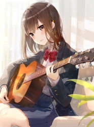 Rule 34 | 1girl, backlighting, black jacket, blazer, blue skirt, blush, bow, bowtie, brown eyes, brown hair, buttons, collared shirt, commentary request, couch, day, feet out of frame, fuumi (radial engine), guitar, hair ornament, head tilt, holding, indoors, instrument, jacket, leaf, light particles, light rays, light smile, long hair, long sleeves, looking at viewer, miniskirt, music, on couch, open clothes, open jacket, original, parted lips, plant, playing instrument, pleated skirt, plectrum, red bow, red bowtie, school uniform, shade, shadow, shirt, shirt tucked in, sidelocks, sitting, skirt, solo, sunbeam, sunlight, white shirt, window, wing collar
