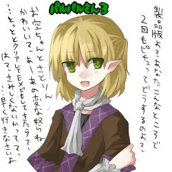 Rule 34 | 1girl, arm warmers, bad id, bad pixiv id, blonde hair, female focus, green eyes, kame, lowres, mizuhashi parsee, pointy ears, short hair, solo, touhou, translation request, upper body, white background