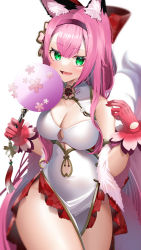 Rule 34 | 1girl, :d, absurdres, animal ear fluff, animal ears, azur lane, bare shoulders, breasts, cleavage, cleavage cutout, clothing cutout, commentary request, cowboy shot, detached sleeves, dress, flower, fox ears, fox girl, fox tail, gloves, green eyes, hair flower, hair ornament, hairband, hanazuki (azur lane), hanazuki (blossoming spring resplendent moon) (azur lane), hand fan, hands up, highres, holding, holding fan, japanese clothes, long hair, looking at viewer, medium breasts, official alternate costume, open mouth, pelvic curtain, pink hair, red gloves, seele0907, smile, solo, tail, white dress