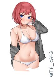 Rule 34 | 1girl, absurdres, alternate breast size, ark royal (kancolle), bikini, blue eyes, bob cut, breasts, cleavage, cropped legs, grey jacket, highres, jacket, kantai collection, large breasts, lowleg, lowleg bikini, one-hour drawing challenge, open clothes, open jacket, parted lips, red hair, short hair, simple background, solo, swept bangs, swimsuit, tf cafe, twitter username, white background, white bikini