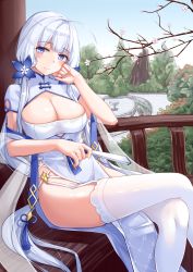 Rule 34 | 1girl, absurdres, azur lane, blue eyes, breasts, bursting breasts, china dress, chinese clothes, cleavage, crossed legs, cutout above navel, dress, folding fan, garter straps, hand fan, highres, holding, holding fan, illustrious (azur lane), illustrious (maiden lily&#039;s radiance) (azur lane), large breasts, long hair, looking at viewer, mole, mole under eye, official alternate costume, outdoors, pelvic curtain, see-through, short sleeves, sitting, solo, thighhighs, tree, tri tails, very long hair, watchdog rol (y1104280730), white dress, white hair, white thighhighs