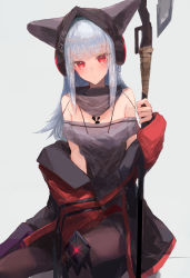 Rule 34 | 1girl, absurdres, animal ears, arknights, bare shoulders, behind-the-head headphones, between legs, black headwear, blunt bangs, brown pantyhose, closed mouth, feet out of frame, fox ears, frostleaf (arknights), grey hair, grey scarf, grey shirt, hand between legs, headphones, highres, holding, holding weapon, ichika (ichika87), implied extra ears, jacket, knee pads, long hair, long sleeves, looking at viewer, material growth, off-shoulder shirt, off shoulder, open clothes, open jacket, oripathy lesion (arknights), pantyhose, red eyes, red jacket, scarf, shirt, simple background, sitting, solo, weapon, white background