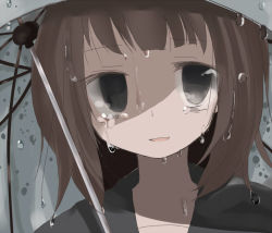 Rule 34 | 1girl, black eyes, black hair, black sailor collar, commentary request, crying, crying with eyes open, holding, holding umbrella, looking at viewer, manmi, no pupils, original, portrait, rain, sailor collar, solo, tears, umbrella, water