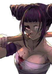 Rule 34 | 1girl, 6maker, absurdres, bandages, black hair, blood, blood on clothes, blunt bangs, breasts, capcom, eyepatch, han juri, highres, looking at viewer, muscular, muscular female, purple eyes, sarashi, serious, simple background, solo, street fighter, white background