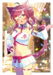 Rule 34 | 1girl, ;o, ahoge, animal ear fluff, animal ears, warrior of light (ff14), bare shoulders, blush, bow, breasts, brown eyes, brown hair, cat ears, cat girl, cat tail, collarbone, commentary request, commission, detached sleeves, final fantasy, final fantasy xiv, glasses, kou hiyoyo, long hair, long sleeves, looking at viewer, medium breasts, miqo&#039;te, navel, one eye closed, open mouth, pleated skirt, red bow, round eyewear, side ponytail, sidelocks, skeb commission, skirt, solo, striped, striped bow, swept bangs, tail, white skirt, white sleeves