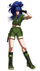Rule 34 | 1girl, blue eyes, blue hair, boots, earrings, falcoon, gloves, highres, jewelry, leona heidern, lips, matching hair/eyes, midriff, ponytail, salute, shorts, sleeves rolled up, snk, solo, the king of fighters, the king of fighters 2003