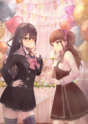 Rule 34 | 2girls, balloon, black hair, black legwear, blush, bow, box, brown eyes, brown hair, commentary request, gift, gift box, highres, holding, holding gift, kyota07, long hair, long sleeves, looking at another, multiple girls, original, smile, standing, thighhighs