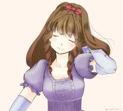 Rule 34 | 1girl, anrietta rochefort, arc the lad, arc the lad iii, bow, breasts, brown hair, closed mouth, collarbone, curly hair, dress, elbow gloves, gloves, hair bow, long hair, medium breasts, purple dress, roasted burnt c, simple background, smile, solo